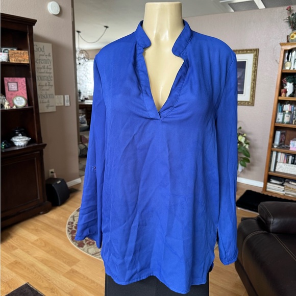Zanzea royal blue long roll tab sleeve Vneck blouse-size L - Picture 1 of 9